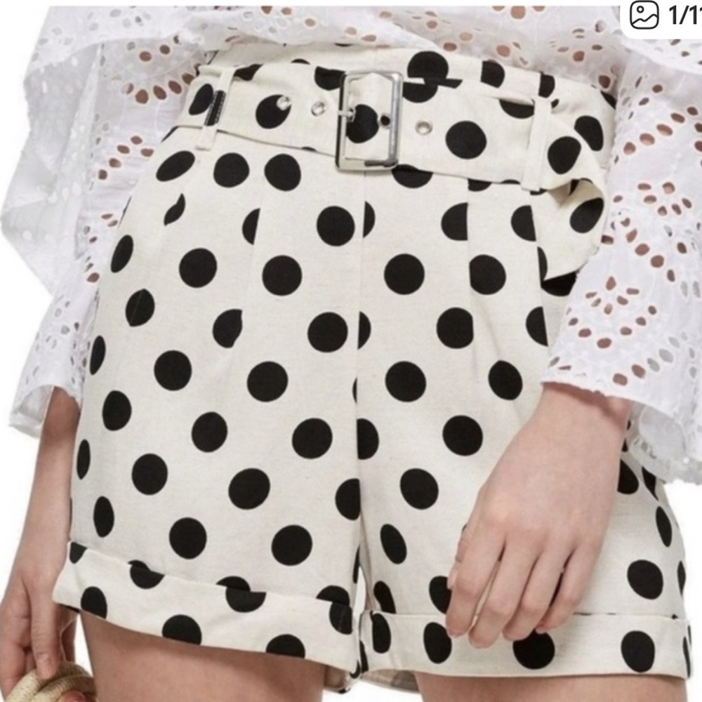 Topshop Shorts High Waist Polka Dot Belted Cuffed Hem Cream Black Size 4